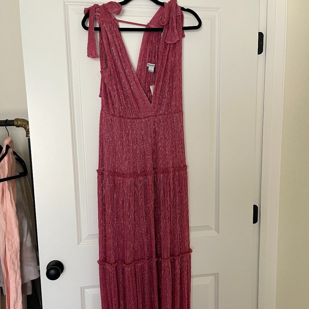 Sabina Musayev Pink Metallic Tie-Shoulder Tiered Maxi Dress